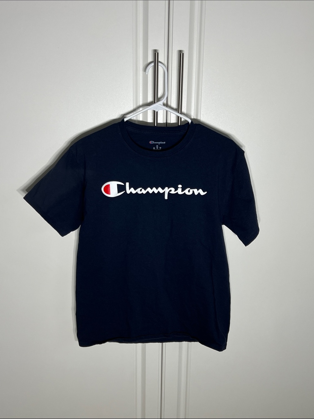 Champion Navy Tee with White Logo and Red Accent